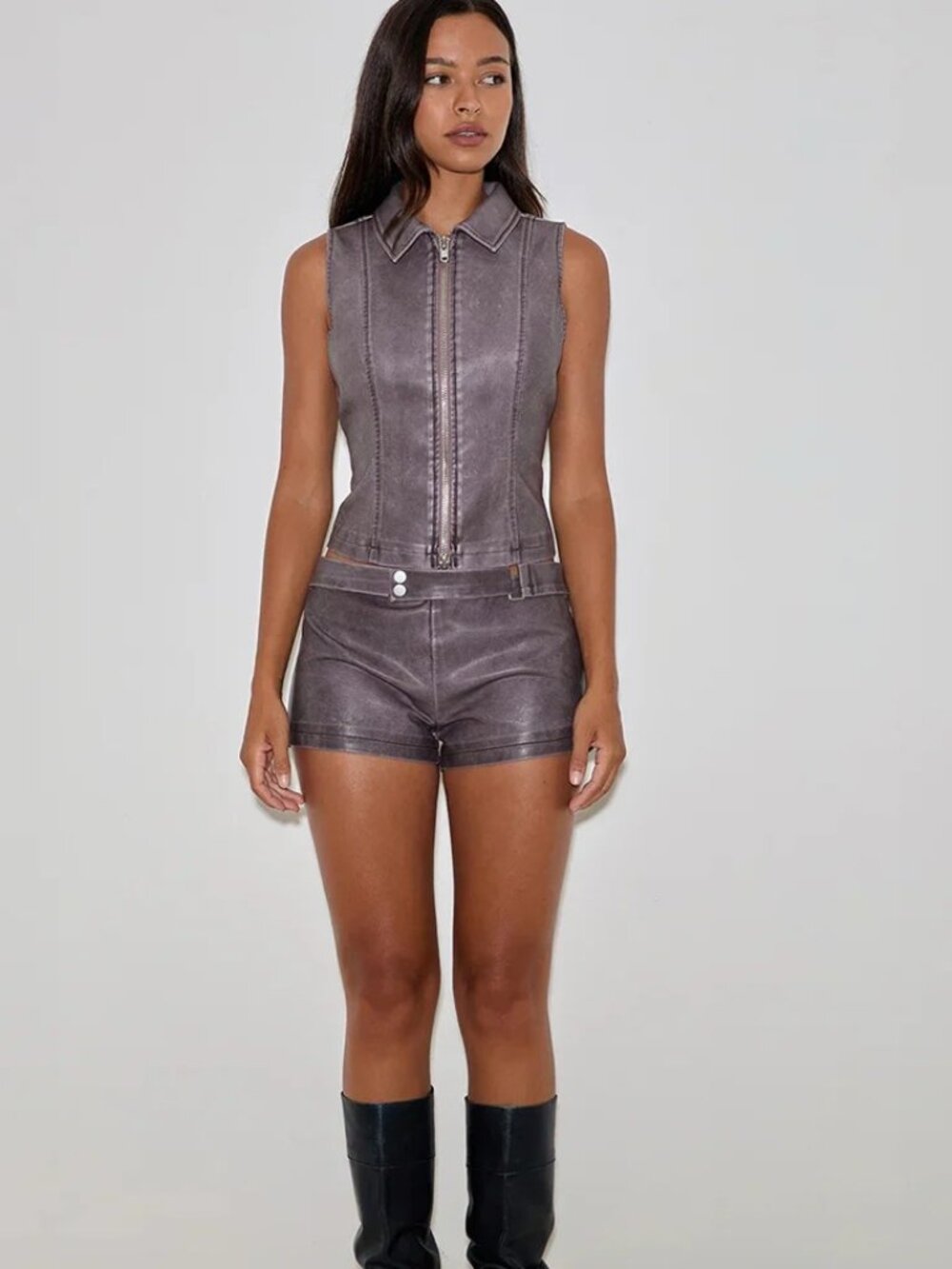 Motel Rocks Purple Faux Leather Vest & Low Rise Shorts Two Piece Set M